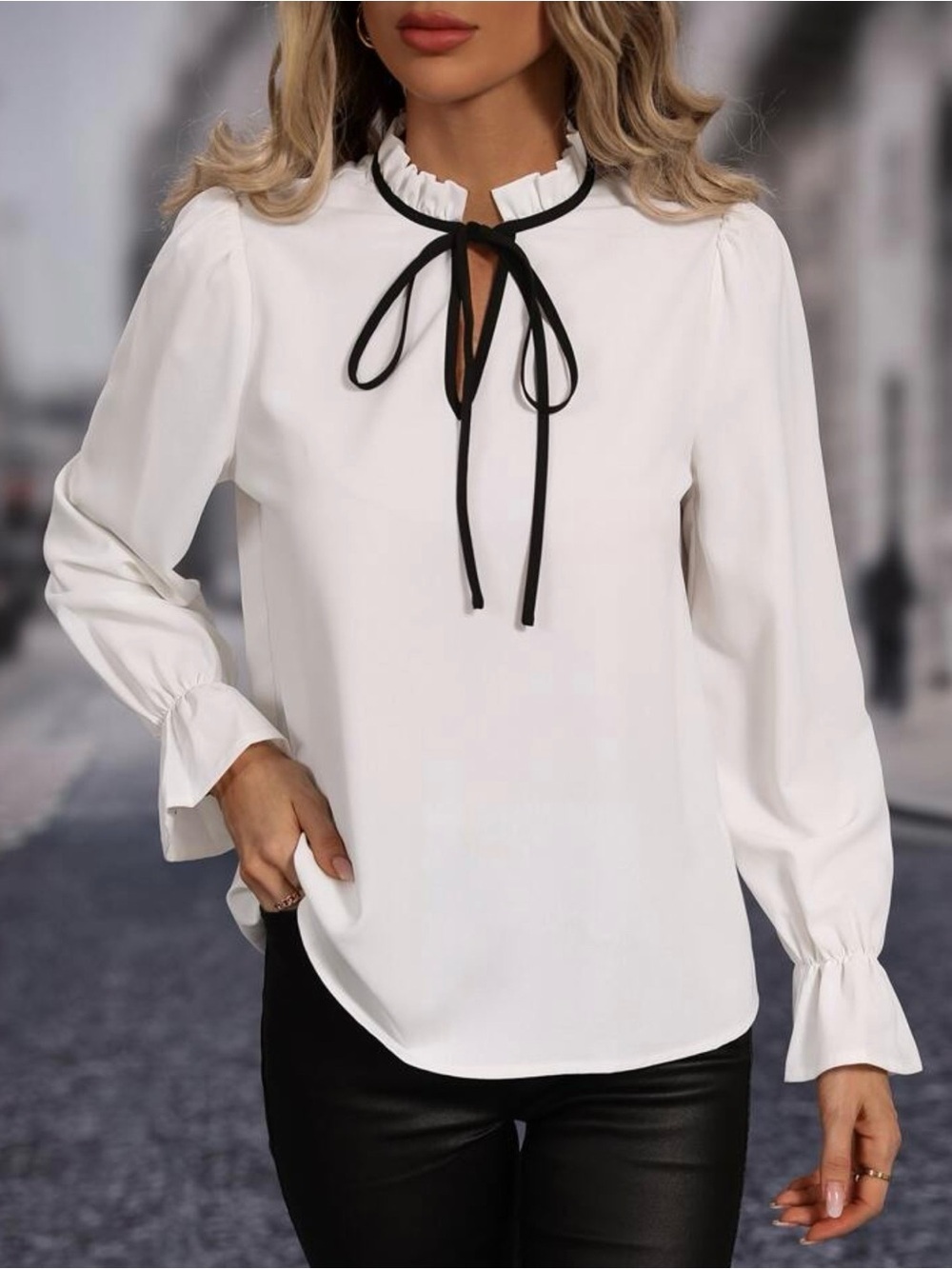 Lipsy London White Tipped Bow Tie Ruffle Sleeve Blouse Size 12 NWT